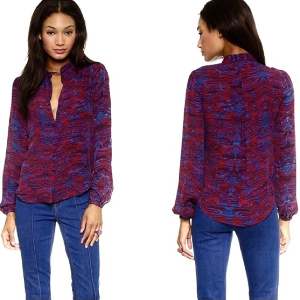 MINOR FLAW Size 4 Marchesa Voyage Ikat Storm Silk Button Up Long Sleeve Shirt